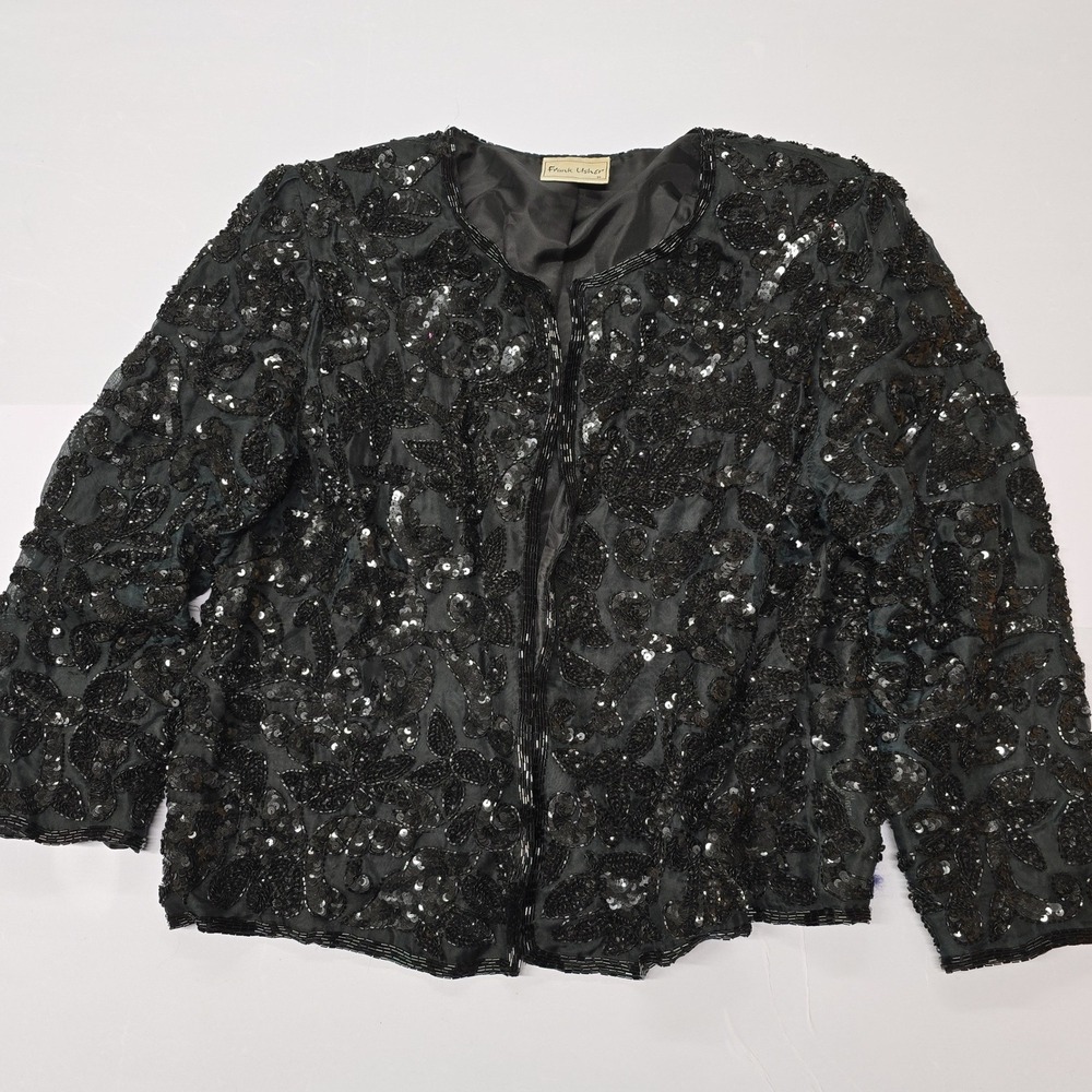 Vintage Frank Usher Black Sequins Beaded Jacket Evening Wear Size‎ M